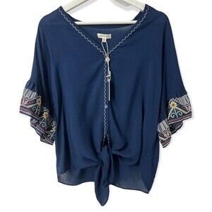 Women's Boho Blouse Medium MAX Studio Navy Blue Embroidered Tie Front